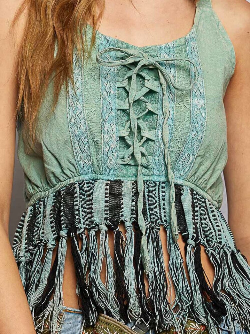 POL Lace-Up Fringe Hem Tank with Lace Detail